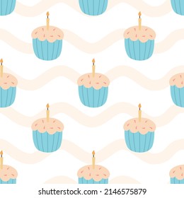 Vector seamless pattern with birthday cupcakes or muffins with candles.