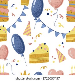 Vector seamless pattern with birthday elements on white background. Party elements, balloons, cake and capcakes, gift box, party hat, flag. 