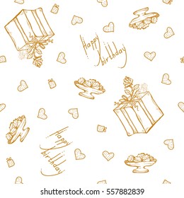 vector seamless pattern with birthday greetings and hearts. Gold lettering on the white background for gift wrapping. box with ribbon and rose.