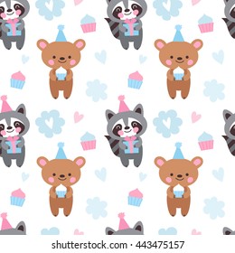 Vector seamless pattern for the birthday party. Raccoon and bear in festive hats, cupcakes and hearts  background for a birthday.
