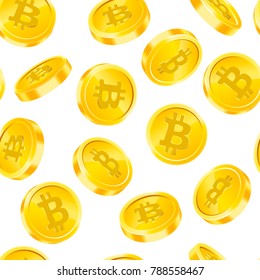 Vector seamless pattern with Bitcoin gold coins in different angles isolated on white background. Digital currency money concept. Symbol of crypto currency, blockchain technology