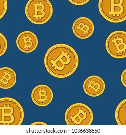 Vector seamless pattern with bitcoins. Cryptocurrency blue background.