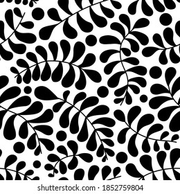 Vector seamless pattern. Black abstract drawing with plant elements on a white background. Hand drawn. Use for printing prints on fabrics, wallpapers and more.