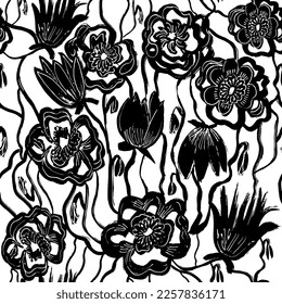 Vector seamless pattern  black abstract flowers tulips and piones . Botanical ink illustration with floral motif. Tulips and peones painted by brush. Hand drawn for fabric, wrapping paper, 