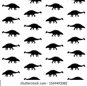Vector seamless pattern of black ankylosaurus dinosaur silhouette isolated on white background