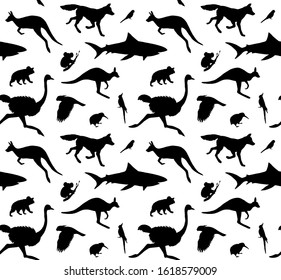 Vector seamless pattern of black Australian wild animals silhouette isolated on white background