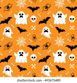 Vector seamless pattern with black bat, skull, spider, ghost on orange background.