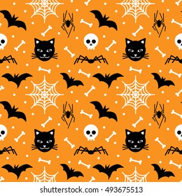 Vector seamless pattern with black bat, skull, spider, cat on orange background.