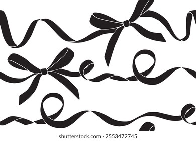 Vector seamless pattern with black bows and silk ribbons. symbol of the fight against cancer, femininity	