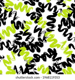 Vector seamless pattern with black and bright green wave brush stroke on white background for print, wallpaper, wrapping paper, notebooks, textile, illustration, pillow