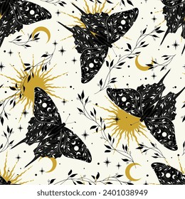 Vector seamless pattern with black butterfly and moon. Boho art print. Design for card, fabric, print, greeting, cloth, poster, clothes, textile.