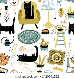 Vector seamless pattern with a black cat in the apartment of a Scandinavian interior with home plants. Colorful modern illustration in simple hand-drawn style.