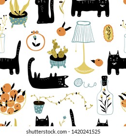 Vector seamless pattern with a black cat in the apartment of a Scandinavian interior with home plants. Colorful modern illustration in simple hand-drawn style.