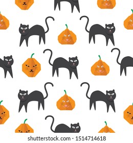 Vector seamless pattern with black cat and pumpkin origami for Halloween.