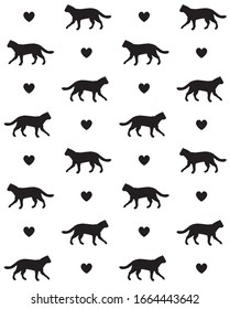 Vector seamless pattern of black cat silhouette and hearts isolated on white background