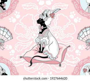 Vector seamless pattern black cat court lady in wig and dress. Cat on a pillow in the palace. Court cat of the Rococo, Baroque era. Design for printing on textiles, packaging, paper, wallpaper.