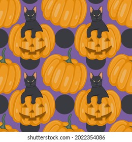 Vector seamless pattern with black cat and pumpkins for Halloween. Hand drawn illustration. The print is used for Wallpaper design, fabric, textile, packaging.