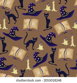 Vector seamless pattern with black cat, spell book, candles, witch hat isolated on brown background.