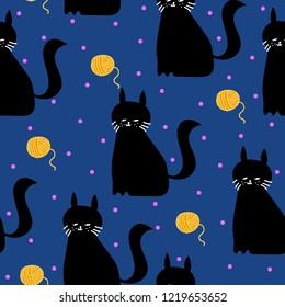 Vector seamless pattern with black cats,  yellow yarn balls and pink polka dots on blue background.