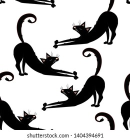 Vector seamless pattern with black cats, kitties on the transparent background.
