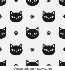 Vector seamless pattern with black cats and paws print; cute design for fabric, wallpaper, package, textile, web design.