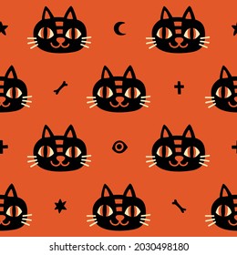 Vector seamless pattern with black cats. Halloween repeated texture with cats' faces. Mysterious print for Halloween fabric and wrapping paper. Magical background with lucky cats