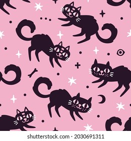 Vector seamless pattern with black cats. Holiday repeated texture with cute cartoon characters. Print for Halloween fabric and wrapping paper. Pink magical background with Halloween symbols