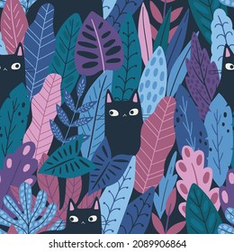 Vector seamless pattern with black cats and tropical leaves. Animal repeat background. Botanical fabric design. Cartoon background with cute cat. For textiles, clothing, bed linen, office supplies.