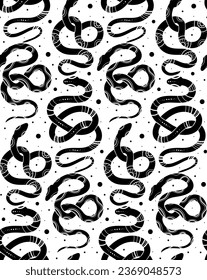 Vector seamless pattern with black celestial snake silhouettes with mystic decorations and stars on a white background with dots. Magic texture with serpents and sacred ornaments for fabrics