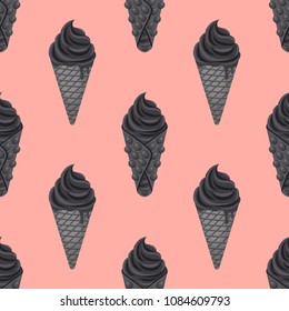 Vector seamless pattern of black charcoal ice cream in cone, waffle. Modern trend in dessert. Sweet food with coconut ash, activated carbon. Made in cartoon flat style