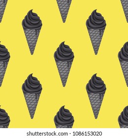 Vector seamless pattern of black charcoal ice cream in cone. Modern trend in dessert. Sweet food with coconut ash, activated carbon. Made in cartoon flat style