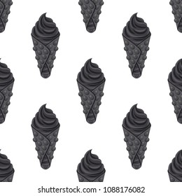 Vector seamless pattern of black charcoal ice cream in waffle. Modern trend in dessert. Sweet food with coconut ash, activated carbon. Made in cartoon flat style