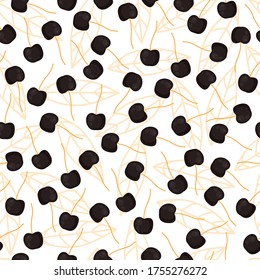 Vector seamless pattern with black cherry and golden leaves. White backgraund for print textile design