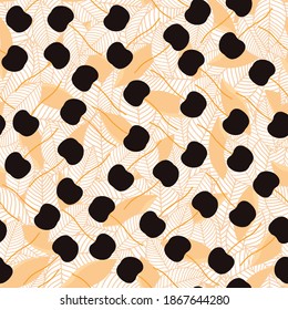 Vector seamless pattern with black cherry. Golden leaves texture.