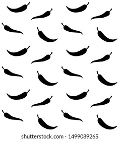 Vector seamless pattern of black chilly pepper silhouette isolated on white background