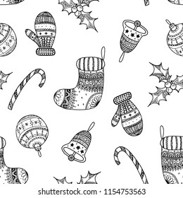 Vector seamless pattern of black Christmas decorative symbol - candy cane, tree ball, mitten, sock, holly, christmas bell on white background.  Christmas hand drawing coloring page book