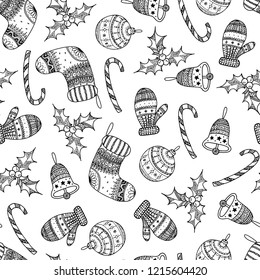 Vector seamless pattern of black Christmas decorative symbol - candy cane, tree ball, mitten, sock, holly, christmas bell on white background.  Christmas hand drawing coloring page book