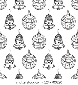 Vector seamless pattern of black Christmas decorative symbol - Christmas bell, tree ball toy on white background.  Christmas hand drawn coloring page book background