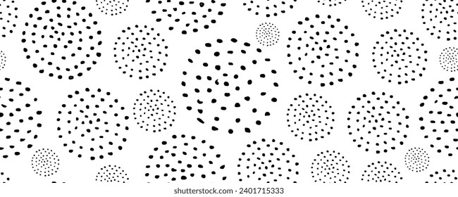 Vector seamless pattern black circles. Hand drawn grunge dots . Chaotic ink brush.