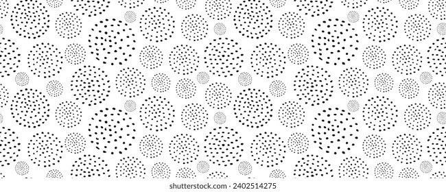 Vector seamless pattern black circles. Hand drawn grunge dots . Chaotic ink brush.