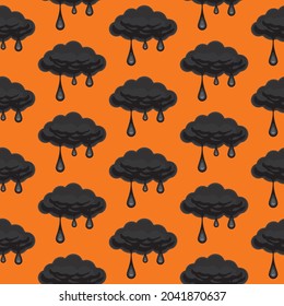 Vector seamless pattern of black clouds with black water droplets on orange surface, cartoon, illustration background, Creative vector orange graphic art concept, Simple design.