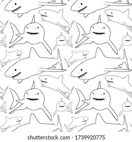 
Vector seamless pattern  black contour sharks on a white background. 
