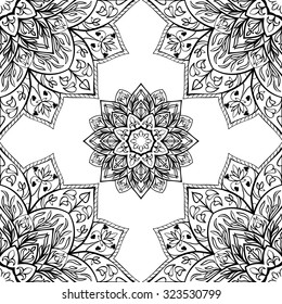 Vector seamless pattern of a black contour on a white background. East ornament of floral mandalas. The ornamental pattern for the carpet, cushion, textile.