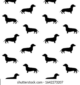 Vector seamless pattern of black dachshund dog silhouette isolated on white background