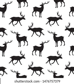 Vector seamless pattern of black deer silhouette isolated on white background