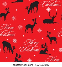 Vector seamless pattern with black deers silhouette and white snowflakes on red background. Vector stock illustration.Winter holiday, Christmas eve concept. For prints, banners, stickers, cards