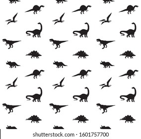 Vector seamless pattern of black different dinosaur silhouette isolated on white background
