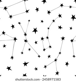 Vector seamless pattern of black different constellations on white background. Astronomy, space texture, design. Star chart, map