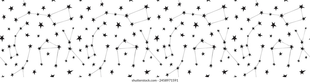 Vector seamless pattern of black different constellations on white background. Astronomy, space texture, design. Star chart, map