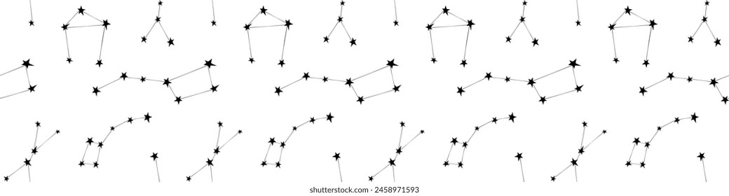 Vector seamless pattern of black different constellations on white background. Astronomy, space texture, design. Star chart, map